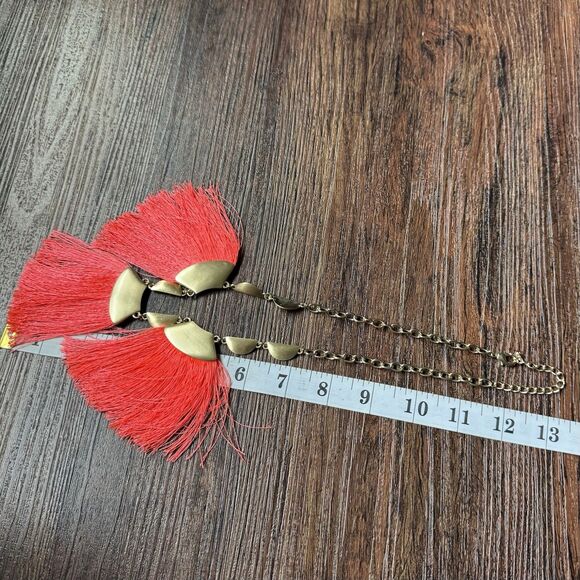 Goldtone Neon Coral Red Fan Fringe Statement Necklace 3 Tassel Adjustable 17-21” - Picture 11 of 13